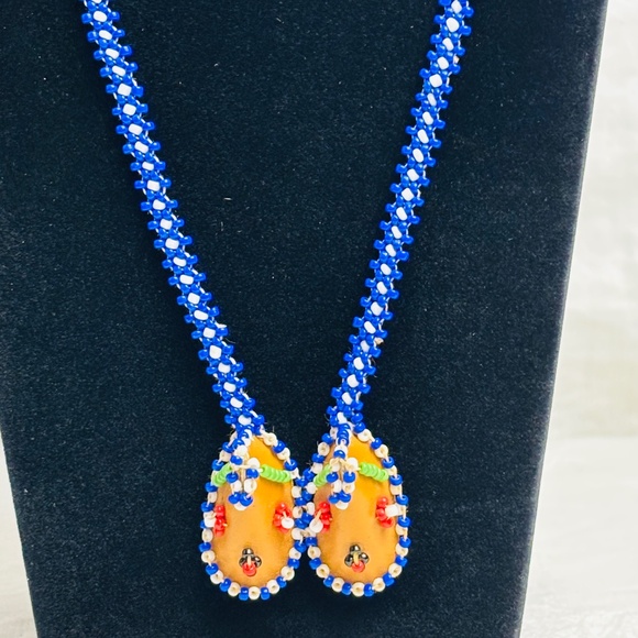 Vintage Handmade Glass Seed Bead Necklace w/ Leather Moccasin Pendants - Picture 2 of 4